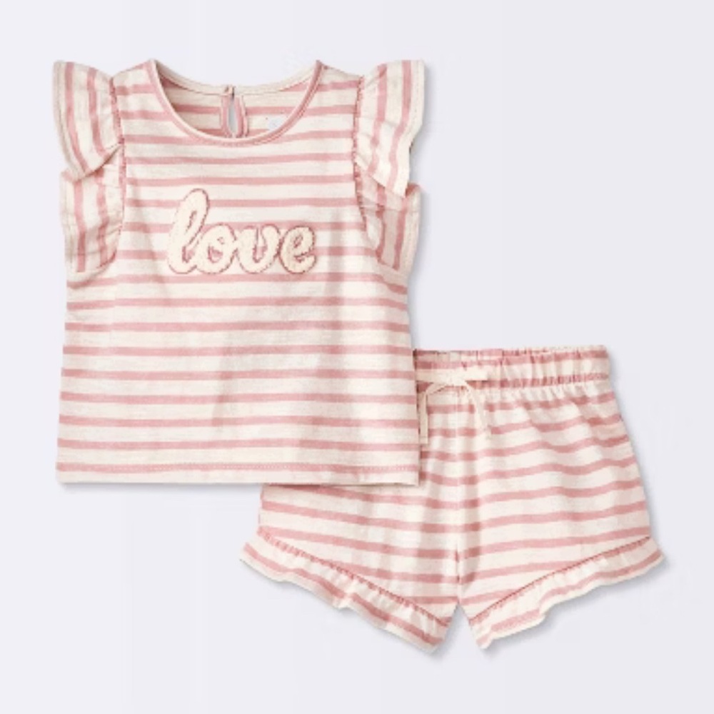 0-3m clous island Pink and Cream Striped "Love" Tank with Ruffle Shorts